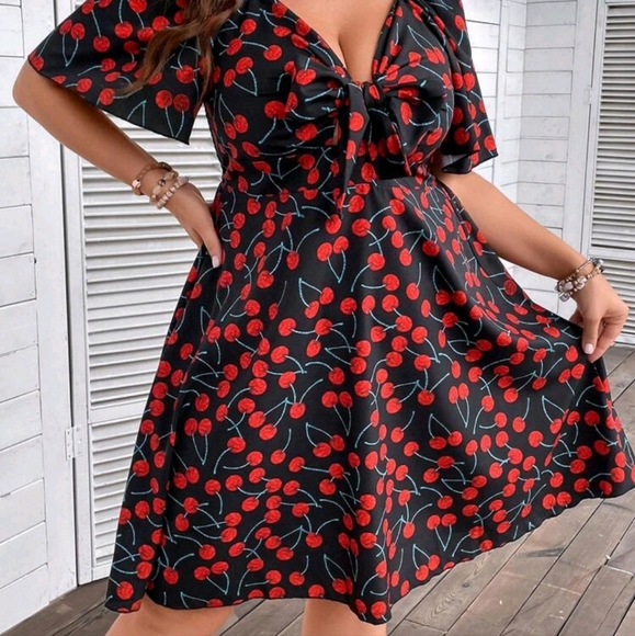 SHEIN VCAY Plus Allover Cherry Print Knot Front Butterfly Sleeve Dress - Picture 1 of 5
